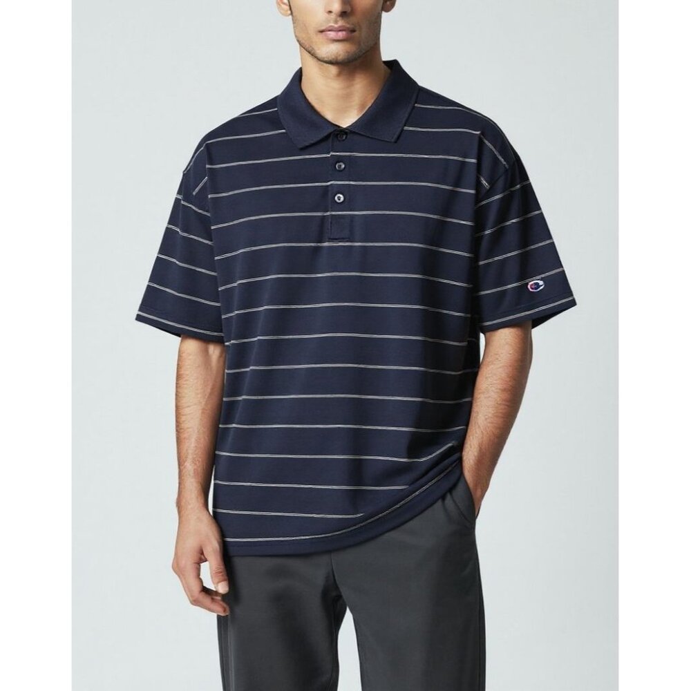 Champion Navy Blue Striped Golf Polo Shirt XL